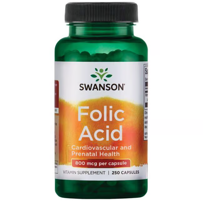 A bottle of Swanson's Folic Acid - 800 mcg with 250 capsules is ideal for prenatal and cardiovascular health, offering essential vitamin B9 for pregnancy support.