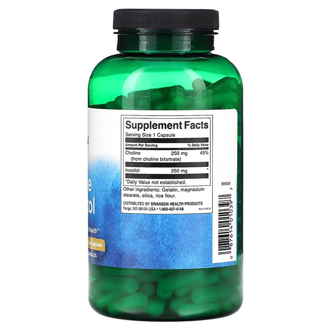 Green Swanson Choline & Inositol dietary supplement bottle features label with supplement facts, showcasing 250 capsules for enhanced mood support.