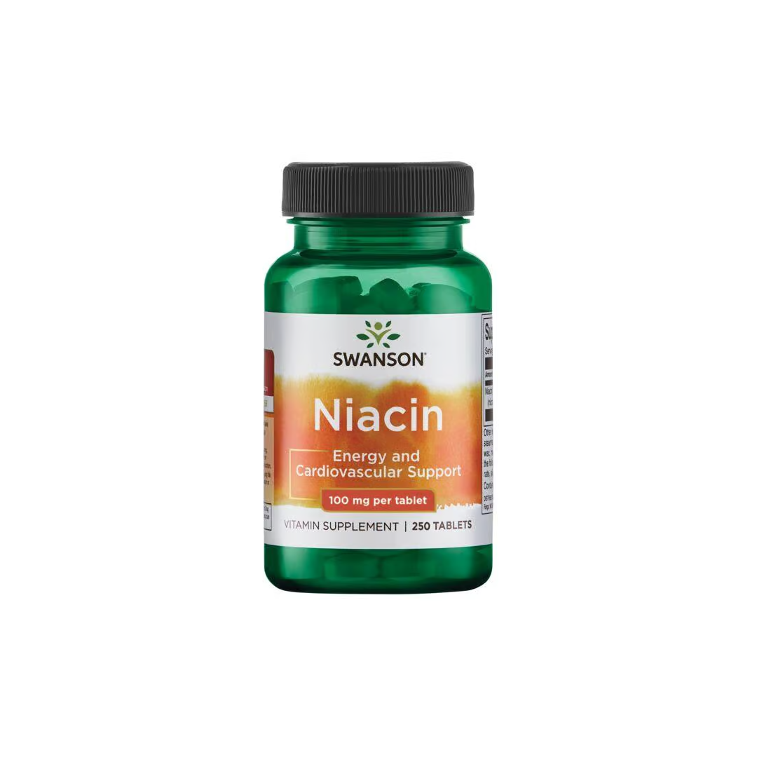 A bottle of Swanson Vitamin B-3 Niacin contains 250 tablets, each with 100 mg, supporting energy, carbohydrate metabolism, and heart health.