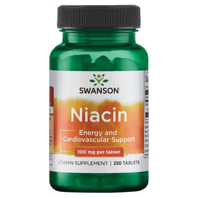 Green bottle of Swanson Vitamin B-3 Niacin, promoting energy and cardiovascular support along with carbohydrate metabolism and heart health. Contains 250 tablets, 100 mg each.