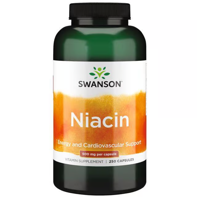 Swanson's Vitamin B-3 Niacin supplement, designed for energy and cardiovascular health support, contains 250 capsules with a dosage of 500 mg per capsule.