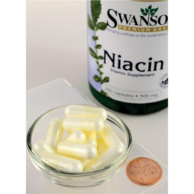 A small bowl of capsules, known for promoting cardiovascular health, is placed next to a penny for scale. In the background, a bottle labeled "Swanson Niacin 500 mg 250 Capsules" completes the scene.