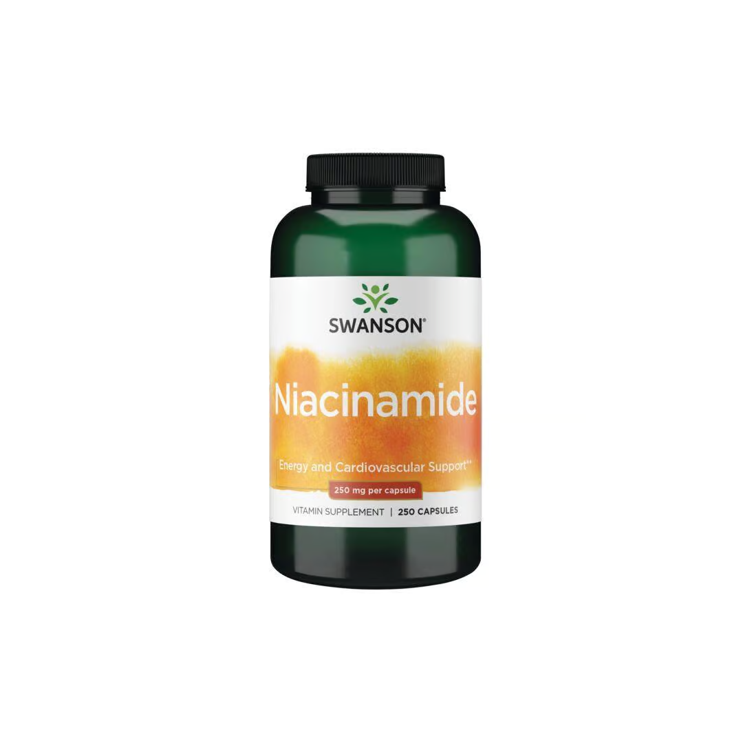 Swanson's Vitamin B-3 Niacinamide, 250 mg capsules provide energy and cardiovascular support, with 250 capsules per bottle.