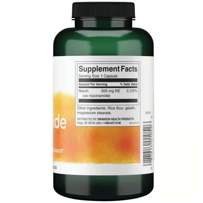 Swanson's Vitamin B-3 Niacinamide offers 500 mg of Niacin per capsule to support carbohydrate metabolism, along with rice flour, gelatin, and magnesium stearate. The bottle contains 250 capsules.