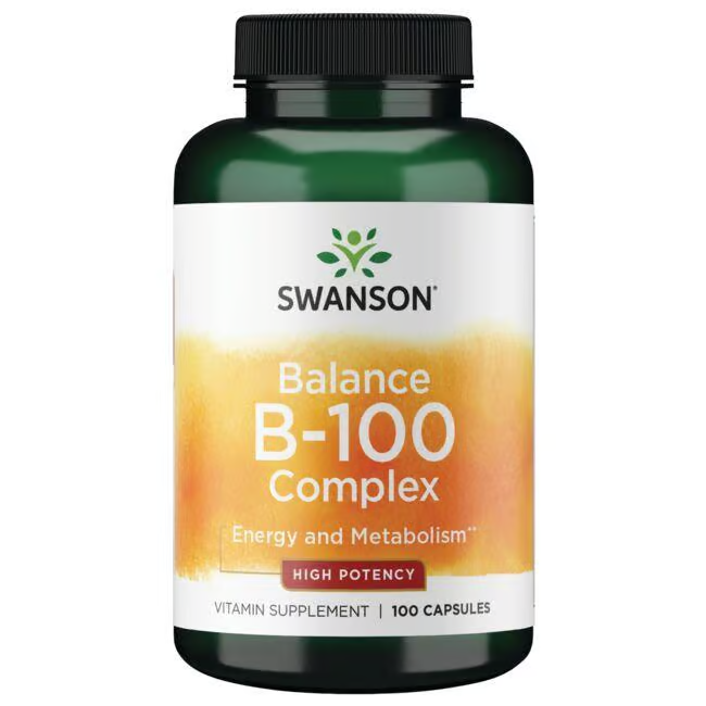 Swanson's Balance Vitamin B-100 Complex offers metabolic support and energy enhancement in a bottle containing 100 high-potency B vitamin capsules.