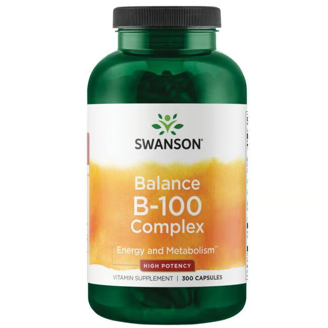 A bottle labeled "Balance Vitamin B-100 Complex 300 Capsules" by Swanson, with high potency vitamin supplements containing B vitamins and Inositol for enhanced energy and metabolism.