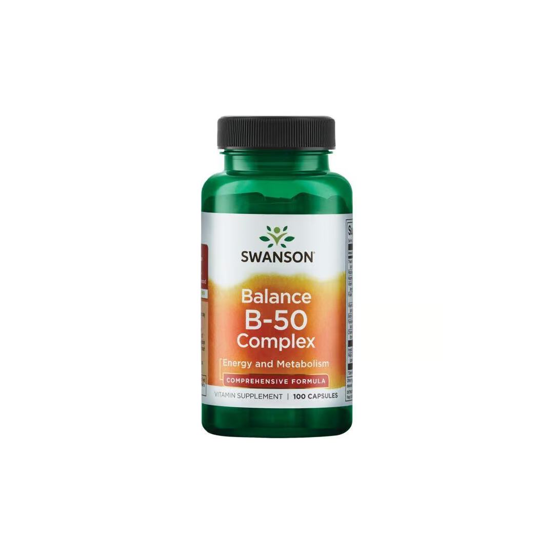 A Swanson Vitamin B-50 Complex bottle in green, labeled for energy metabolism and cardiovascular health, contains 100 capsules.