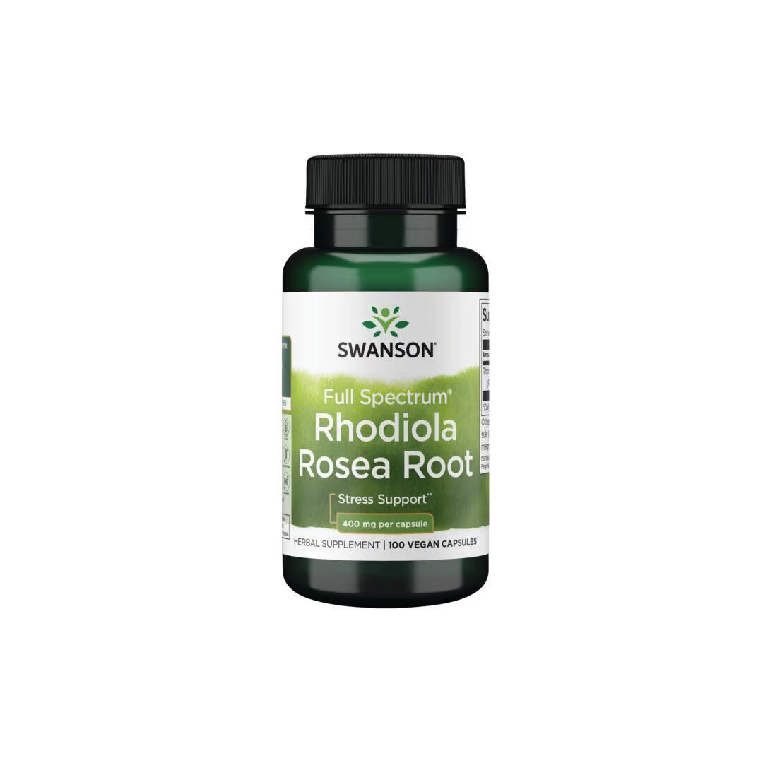 The green bottle labeled "Swanson Rhodiola Rosea Root 400 mg 100 Capsules" features "Stress Support." This adaptogenic herb is celebrated for stress relief and contains 100 vegan capsules, each with 400 mg.