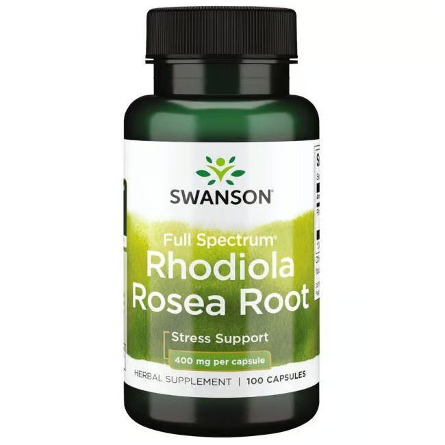 A green bottle labeled "Swanson Rhodiola Rosea Root" containing 100 capsules, with each capsule having 400 mg of the adaptogenic herb for stress relief.