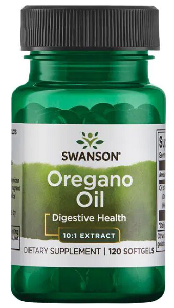 Un flacone di Swanson Olio di origano - 150 mg 120 softgel, noto per i suoi effetti benefici sul sistema immunitario e sulla salute gastrointestinale.
