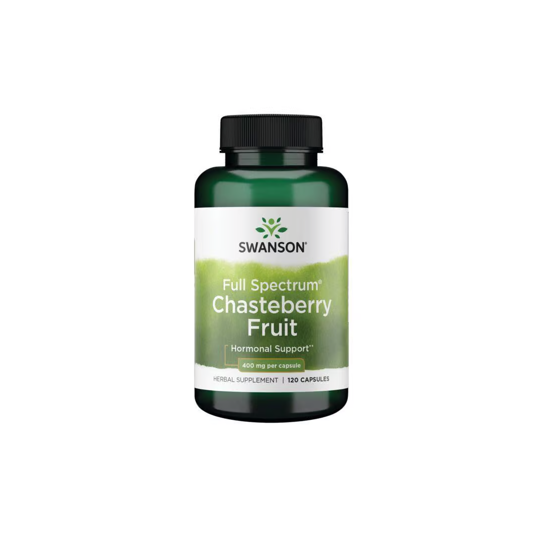 Swanson Chasteberry Fruit supports hormonal balance and women's health, offering 120 capsules at 400 mg each.