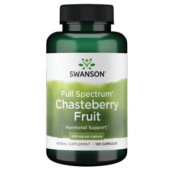 A green bottle of Swanson Chasteberry Fruit, labeled for hormonal support and women's health, contains 120 capsules at 400 mg each to aid in menstrual cycle regulation.