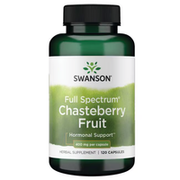 Thumbnail for A green bottle of Swanson Chasteberry Fruit, labeled for hormonal support and women's health, contains 120 capsules at 400 mg each to aid in menstrual cycle regulation.