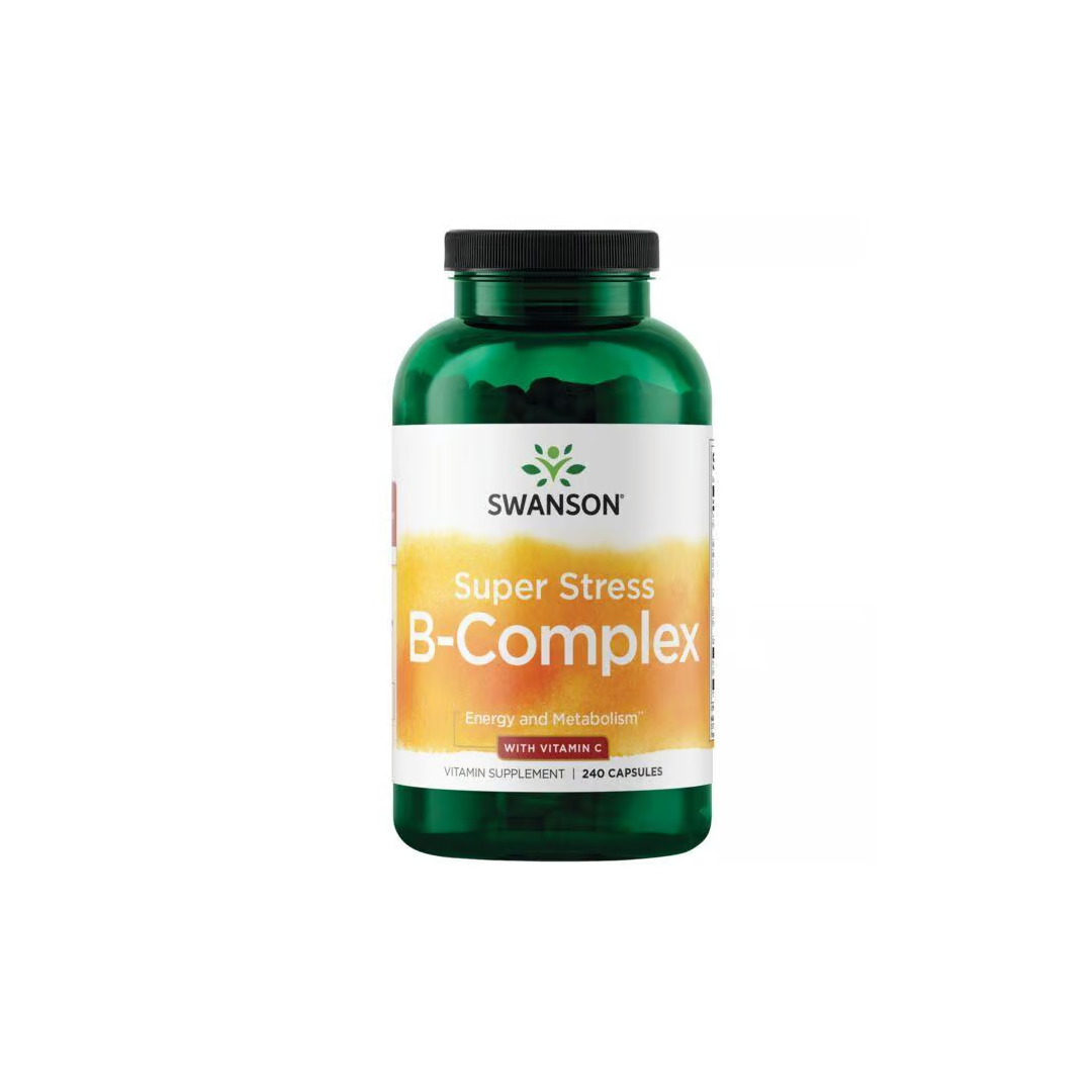 A green bottle labeled "Swanson B-Complex with Vitamin C" containing 240 capsules offers 500 mg of energy and metabolism support.