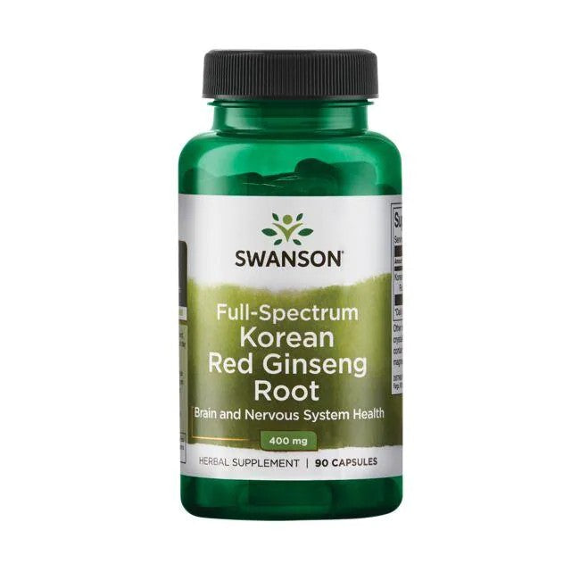 Green bottle labeled "Swanson Full Spectrum Korean Red Ginseng Root 400 mg 90 Capsules," designed for brain and nervous system health with adaptogenic effects.