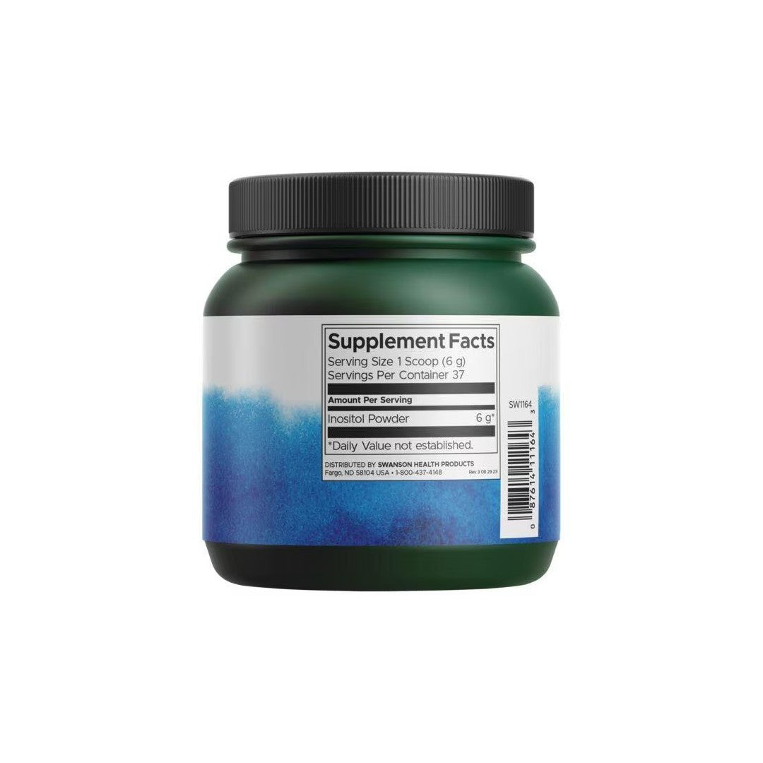 A jar labeled with "Supplement Facts" and "Inositol Powder - 100% Pure 227 g." The green jar with a blue gradient design from Swanson supports fat metabolism and mental health. Serving size is one scoop (6g), net weight 222g. Barcode visible on the label.