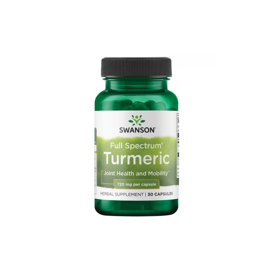 Experience better joint health with Swanson's Turmeric 720 mg capsules. This green bottle provides joint support and enhanced mobility, offering a 30-capsule supply of pure turmeric and potent curcuminoids for your well-being.