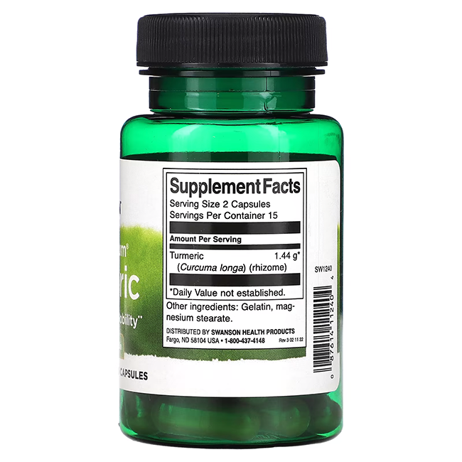 A Swanson green bottle of Turmeric 720 mg, 30 capsules, features a label highlighting curcuminoids for joint support, along with supplement facts, serving size, and manufacturer information.