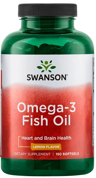 Un flacone di Swanson Omega-3 Fish Oil - Lemon Flavor - 150 softgels.