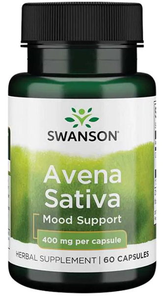 Un flacone di Swanson Avena Sativa - 400 mg 60 capsule per il supporto dell'umore.