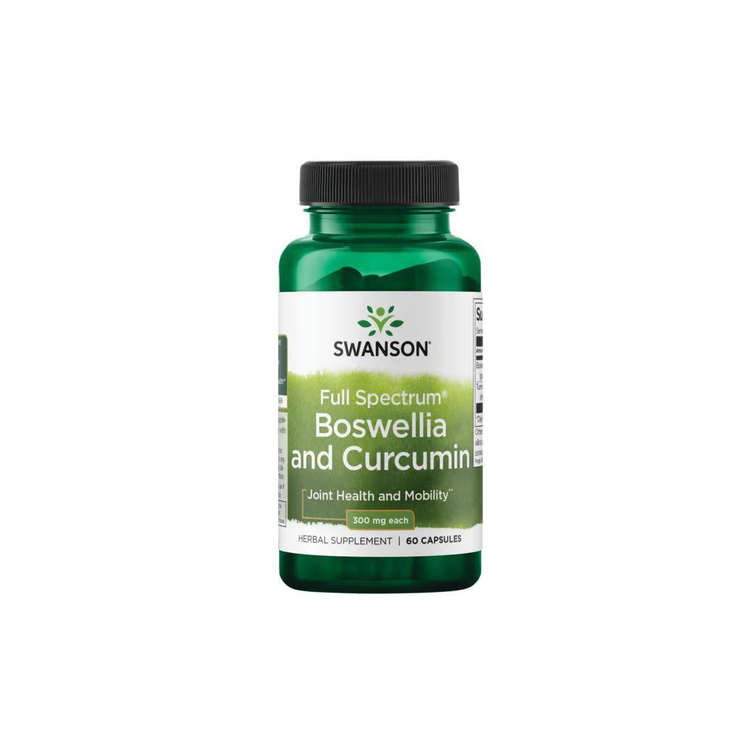 A bottle of Swanson's Boswellia and Curcumin contains 60 green capsules designed to naturally enhance joint health and mobility.