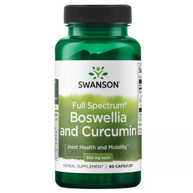 The Boswellia and Curcumin 60 Capsules by Swanson in a green bottle contains 60 capsules, each with 300 mg of herbal supplement designed to support joint health and enhance mobility.