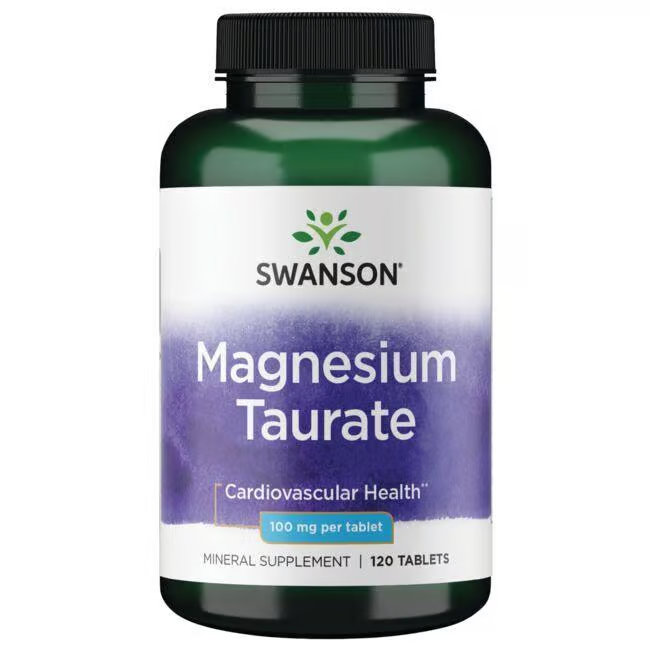 A bottle of Swanson Magnesium Taurate contains 120 tablets, each 100 mg, known for supporting cardiovascular, muscle, and bone health.