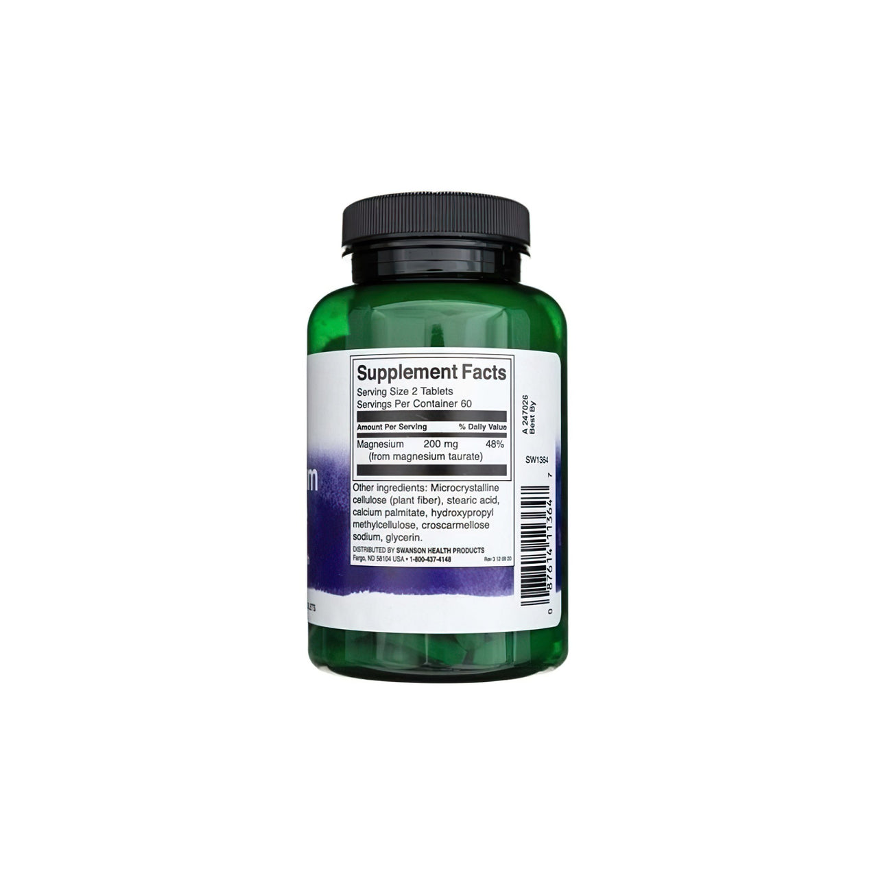 Un flacone di Swanson Magnesium Taurate 100 mg 120 tab su uno sfondo bianco.