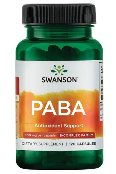 Un flacone di Swanson PABA - 500 mg 120 capsule, un integratore antiossidante che supporta la salute della pelle e la formazione dei globuli rossi.