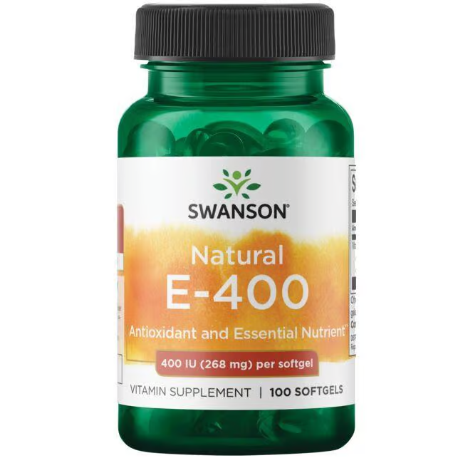 A green bottle of Swanson Natural Vitamin E-400 IU, with tocopherols and known for powerful antioxidant properties as an essential nutrient, contains 100 softgels.