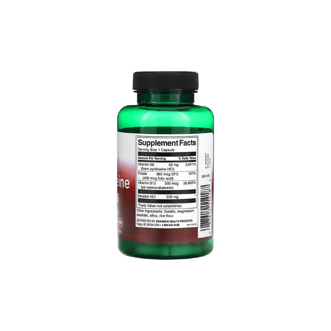 A bottle of Swanson Homocysteine Formula 120 Capsules in green features a label that showcases supplement facts, ingredients, and dosage information in black and white text. Designed to support cardiovascular health, the bottle is topped with a sleek black cap.