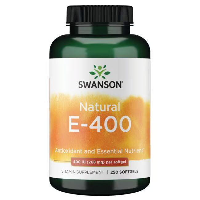 A bottle of Swanson Natural Vitamin E-400 IU contains 250 softgels, each with 400 IU (268 mg), rich in tocopherols and labeled as an essential antioxidant nutrient.