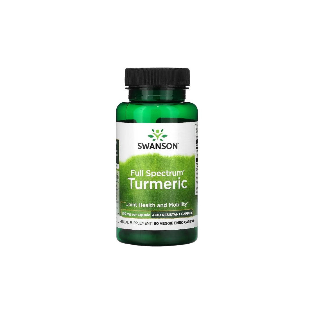 A green bottle of Swanson Full Spectrum Turmeric 750 mg dietary supplement with 60 veggie, delayed-release capsules, labeled for "Joint Health and Mobility" and "Digestive Support.