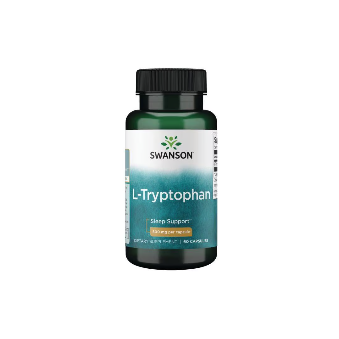 Swanson's L-Tryptophan 500 mg, a key amino acid for better sleep, comes in a green bottle containing 60 capsules.