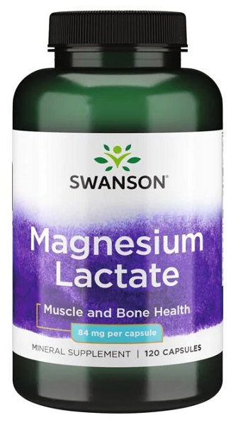 Un flacone di Swanson Magnesio Lattato - 84 mg 120 capsule.