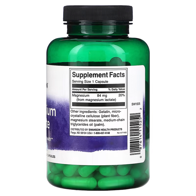 A green bottle of Swanson Magnesium Lactate contains 120 capsules, each providing 84 mg of elemental magnesium, covering 20% of the daily value to support bone health.