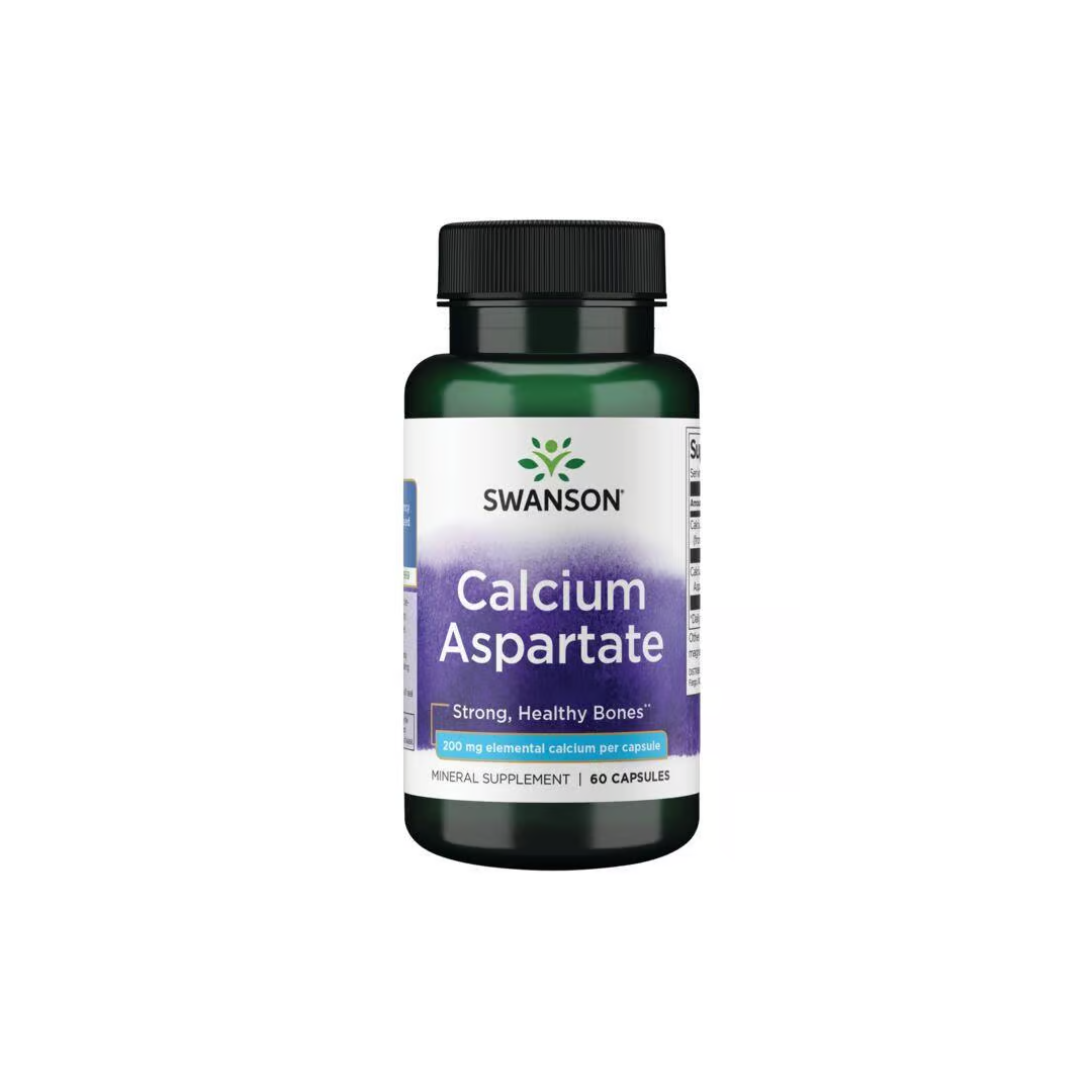 A bottle of Swanson's Calcium Aspartate 200 mg, containing 60 capsules, is a dietary supplement crafted to support bone health and promote strong, healthy bones.