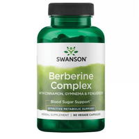 Thumbnail for Swanson's Berberine Complex with Cinnamon, Gymnema & Fenugreek offers 90 veggie capsules designed for natural blood sugar support and cardiovascular health, utilizing ayurvedic ingredients.