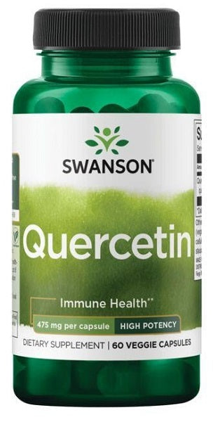 Un flacone di Swanson Quercetin 475 mg 60 vcaps, un potente antiossidante per migliorare il sistema immunitario e sostenere la salute dei vasi sanguigni.