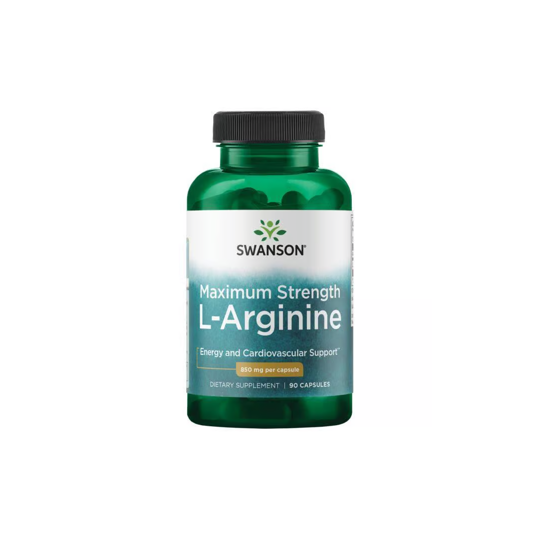 The Swanson Maximum Strength L-Arginine contains 90 capsules, each with 850 mg to support energy, cardiovascular health, and athletic performance for optimal circulatory system support.