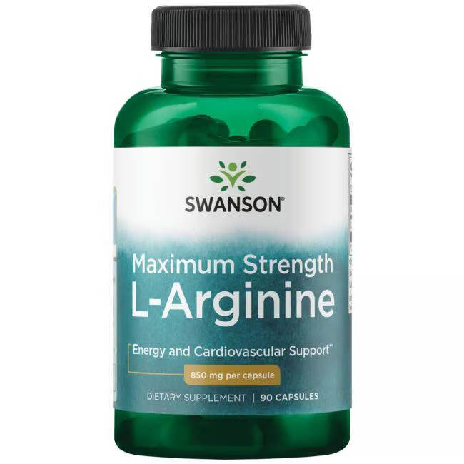 A green bottle of Swanson L-Arginine 850 mg Maximum Strength contains 90 capsules for energy, circulatory, and cardiovascular support.