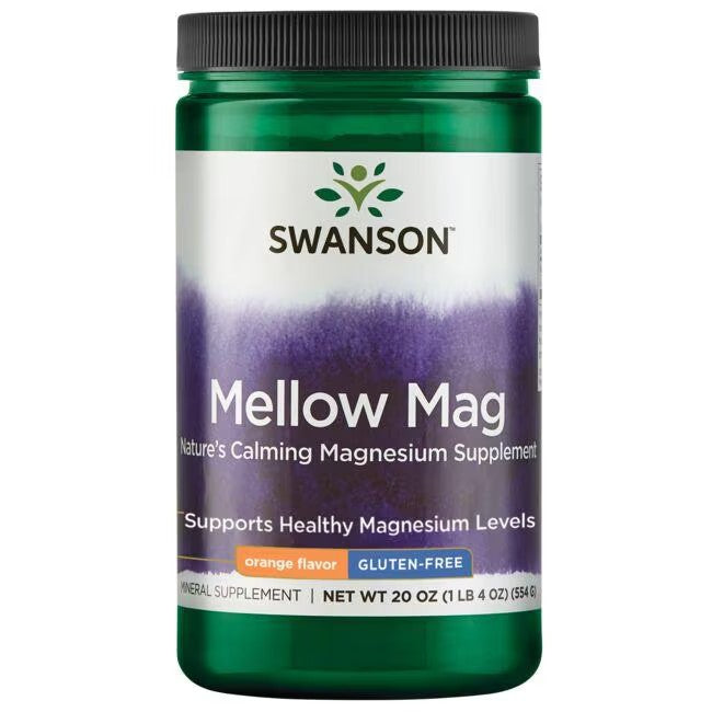 Green container labeled "Swanson Mellow Mag - Orange Flavor 554 g," a nature's calming magnesium supplement. Orange flavor, gluten-free, 20 oz (564 g). Supports healthy magnesium levels for optimal bone and muscle health.