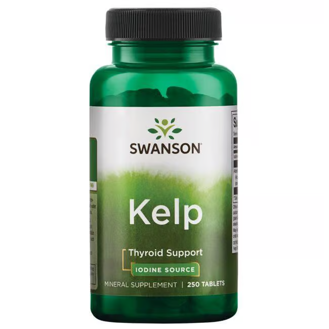 Green bottle labeled "Kelp - Iodine Source 250 Tablets" by Swanson, designed to support thyroid health and provide natural iodine.