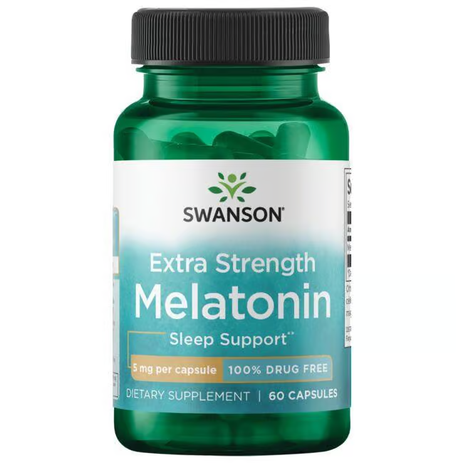 A bottle of Swanson Extra Strength Melatonin 5 mg, containing 60 capsules and labeled as 100% drug-free, is designed to enhance sleep quality and combat jet lag.