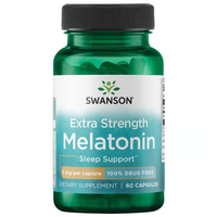 Thumbnail for A bottle of Swanson Extra Strength Melatonin 5 mg, containing 60 capsules and labeled as 100% drug-free, is designed to enhance sleep quality and combat jet lag.