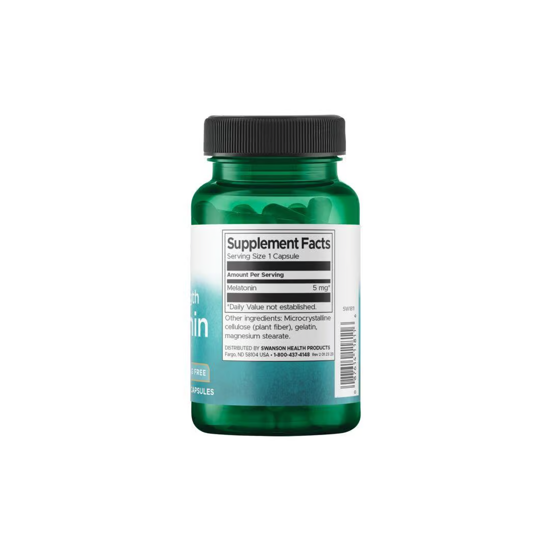 Swanson Extra Strength Melatonin 5 mg, a green bottle containing 60 dietary supplement capsules, is designed to improve sleep quality and reduce the effects of jet lag. The front features a supplement facts label indicating 5 mg per serving along with other ingredient details. This product is 100% drug-free.