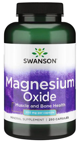 Un flacone di Swanson Ossido di magnesio - 200 mg 250 capsule.