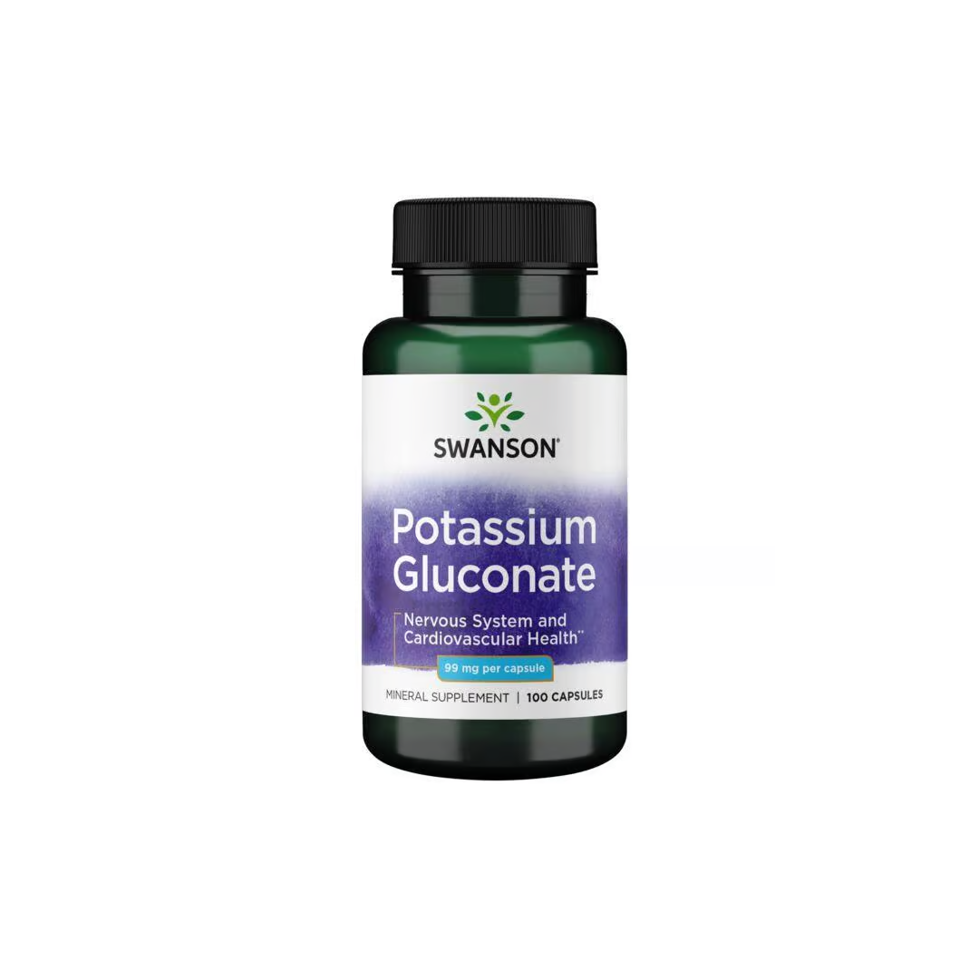 Introducing Swanson's Potassium Gluconate, a supplement labeled to support nervous system and cardiovascular health, with each capsule providing 99 mg designed to aid in maintaining electrolyte balance. Available in a bottle containing 100 capsules.