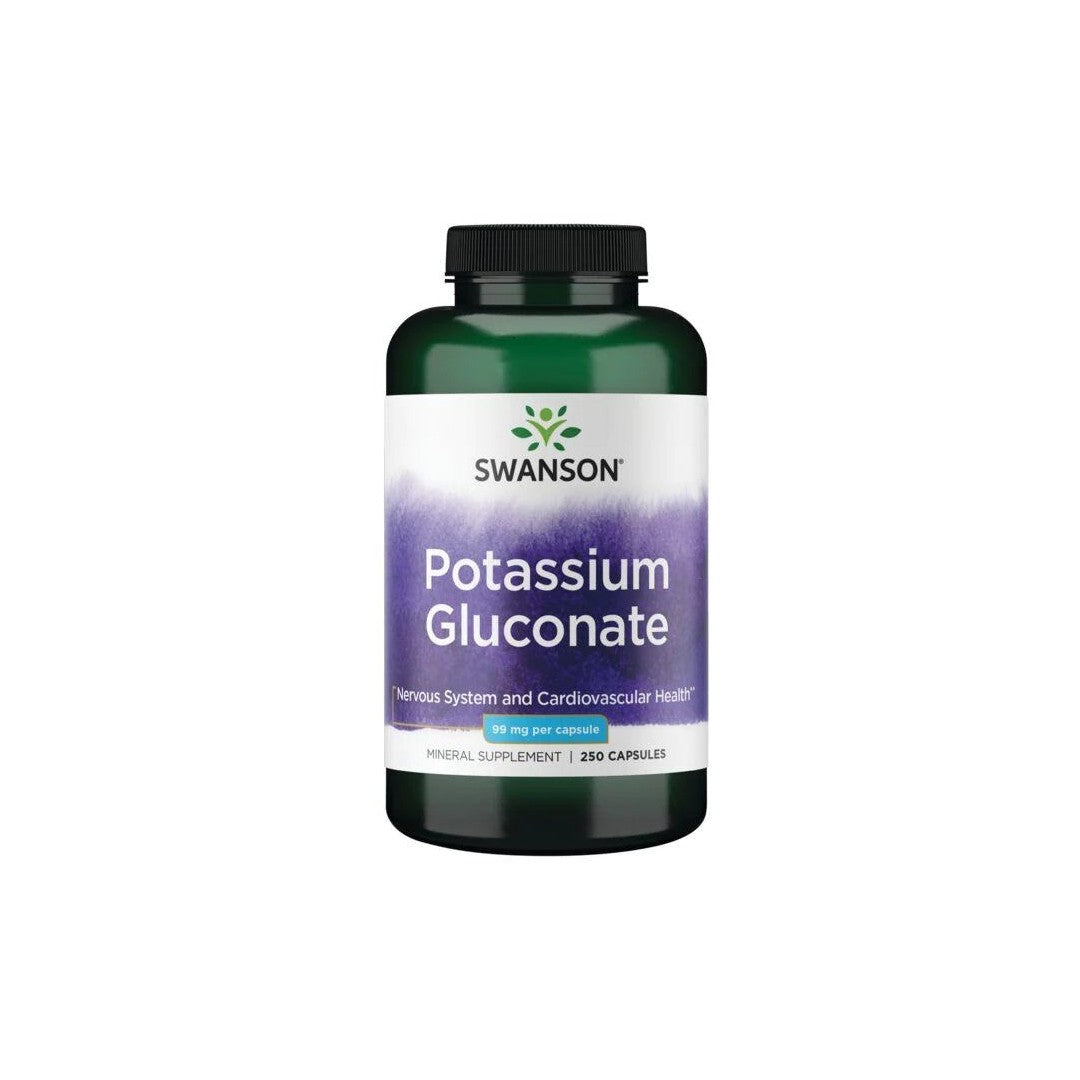 Bottle of Swanson Potassium Gluconate 99 mg dietary supplements containing 250 capsules for nervous system, cardiovascular and heart health.