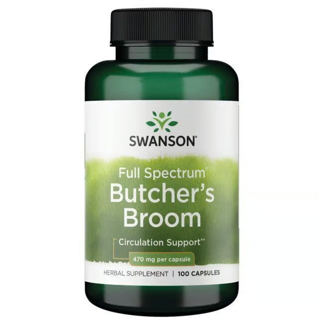 A green bottle of Full Spectrum Butchers Broom by Swanson, with 100 capsules at 470 mg each, is rich in ruscogenin and supports the circulatory system.